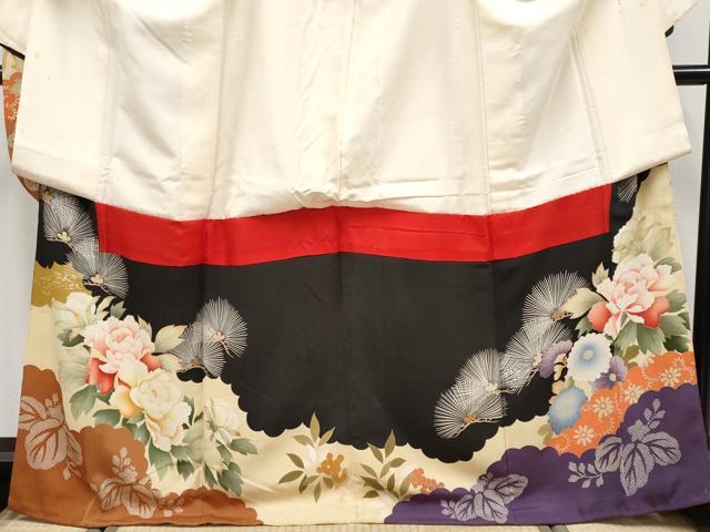 平和屋本店●極上　アンティーク　大正ロマン　中国三大刺繍　相良刺繍　振袖　飛鶴貝桶花文　黒地　逸品　CYAA4904s6