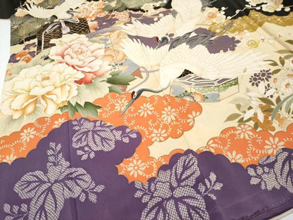 平和屋本店●極上　アンティーク　大正ロマン　中国三大刺繍　相良刺繍　振袖　飛鶴貝桶花文　黒地　逸品　CYAA4904s6