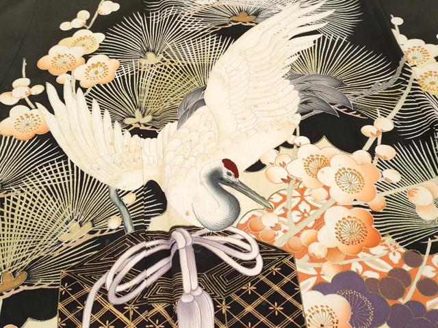 平和屋本店●極上　アンティーク　大正ロマン　中国三大刺繍　相良刺繍　振袖　飛鶴貝桶花文　黒地　逸品　CYAA4904s6