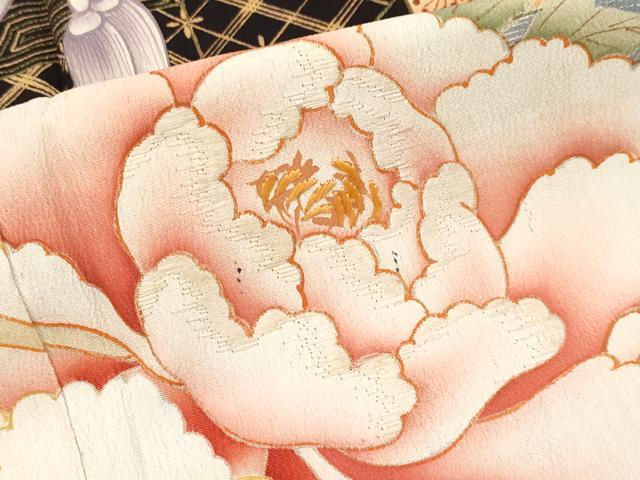 平和屋本店●極上　アンティーク　大正ロマン　中国三大刺繍　相良刺繍　振袖　飛鶴貝桶花文　黒地　逸品　CYAA4904s6