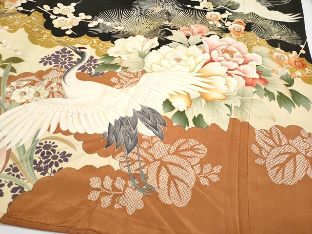平和屋本店●極上　アンティーク　大正ロマン　中国三大刺繍　相良刺繍　振袖　飛鶴貝桶花文　黒地　逸品　CYAA4904s6