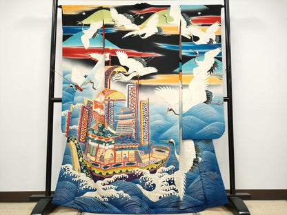 平和屋本店●極上　アンティーク　大正ロマン　振袖　駒刺繍　飛鶴立波船文　暈し染め　金糸　逸品　CYAA4905s6