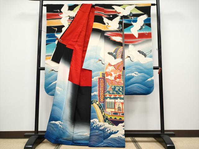 平和屋本店●極上　アンティーク　大正ロマン　振袖　駒刺繍　飛鶴立波船文　暈し染め　金糸　逸品　CYAA4905s6