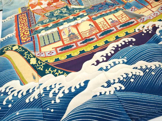 平和屋本店●極上　アンティーク　大正ロマン　振袖　駒刺繍　飛鶴立波船文　暈し染め　金糸　逸品　CYAA4905s6