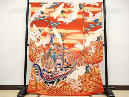 平和屋本店●極上　アンティーク　大正ロマン　振袖　刺繍　飛鶴立波船文　金彩　丹色地　逸品　CYAA4906s6