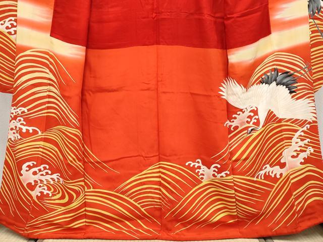 平和屋本店●極上　アンティーク　大正ロマン　振袖　刺繍　飛鶴立波船文　金彩　丹色地　逸品　CYAA4906s6