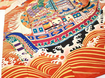 平和屋本店●極上　アンティーク　大正ロマン　振袖　刺繍　飛鶴立波船文　金彩　丹色地　逸品　CYAA4906s6