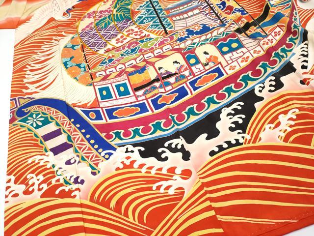 平和屋本店●極上　アンティーク　大正ロマン　振袖　刺繍　飛鶴立波船文　金彩　丹色地　逸品　CYAA4906s6