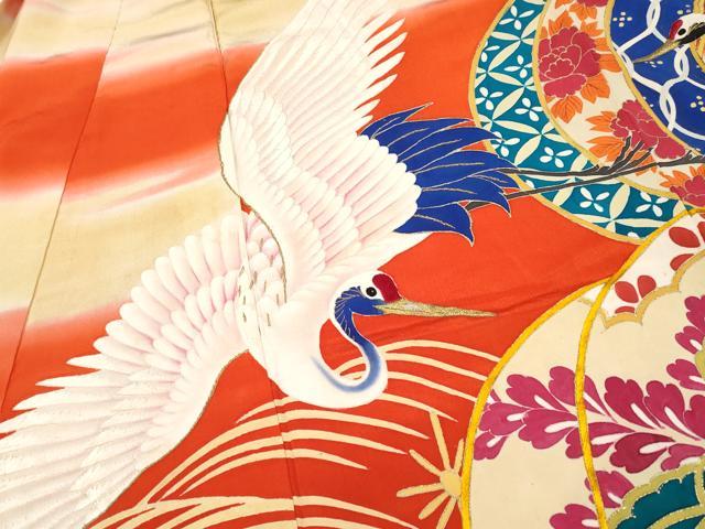 平和屋本店●極上　アンティーク　大正ロマン　振袖　刺繍　飛鶴立波船文　金彩　丹色地　逸品　CYAA4906s6