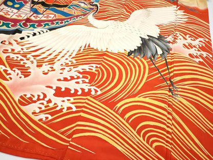 平和屋本店●極上　アンティーク　大正ロマン　振袖　刺繍　飛鶴立波船文　金彩　丹色地　逸品　CYAA4906s6
