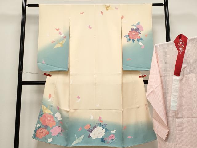 平和屋本店[]極上　京加賀友禅　百貫達雄　七五三　女の子　7歳　祝着　長襦袢セット　折り鶴舞花文　暈し染め　香色地　逸品　CYAA4910s6
