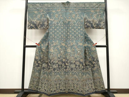 平和屋本店●極上　中国三大刺繍　スワトウ刺繍　総刺繍　訪問着　更紗花唐草文　暈し染め　錆鉄御納戸色　さが美扱い　逸品　CYAA4927s6