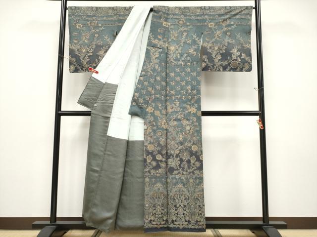 平和屋本店●極上　中国三大刺繍　スワトウ刺繍　総刺繍　訪問着　更紗花唐草文　暈し染め　錆鉄御納戸色　さが美扱い　逸品　CYAA4927s6