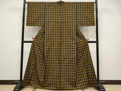 平和屋本店●極上　本場黄八丈　黒八丈　まるまなこ　紬　格子柄　逸品　CYAA4930s6