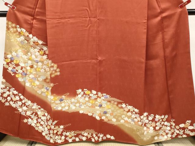 平和屋着物●極上　創業460年・千總　色留袖　駒刺繍　霞枝花文　暈し染め　金彩　赤茶色地　逸品　CYAA4931s6