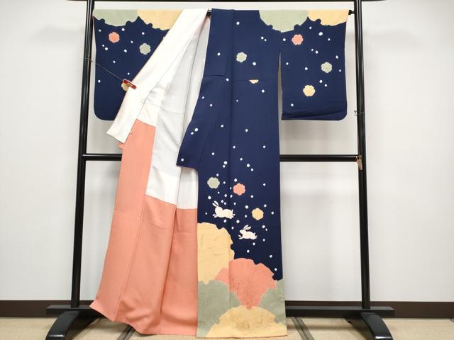 平和屋本店●極上　人形作家・ホリヒロシ　訪問着　手描き　絞り　雪輪跳兎花文　濃紺地　鈴乃屋扱い　逸品　CYAA4935s6