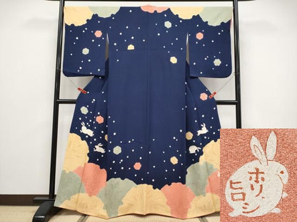 平和屋本店●極上　人形作家・ホリヒロシ　訪問着　手描き　絞り　雪輪跳兎花文　濃紺地　鈴乃屋扱い　逸品　CYAA4935s6
