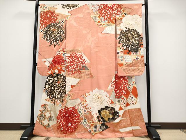 平和屋本店●極上　アンティーク　大正ロマン　中国三大刺繍　相良刺繍　駒刺繍　振袖　乱菊　梅　金彩　曙色地　逸品　CYAA4948s6