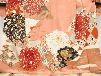 平和屋本店●極上　アンティーク　大正ロマン　中国三大刺繍　相良刺繍　駒刺繍　振袖　乱菊　梅　金彩　曙色地　逸品　CYAA4948s6
