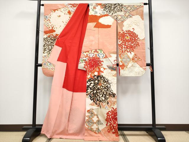 平和屋本店●極上　アンティーク　大正ロマン　中国三大刺繍　相良刺繍　駒刺繍　振袖　乱菊　梅　金彩　曙色地　逸品　CYAA4948s6