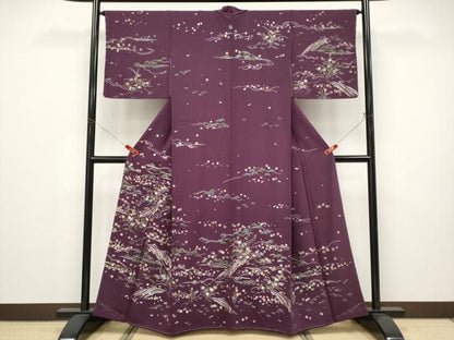 平和屋着物●極上　訪問着　総刺繍　雲取り立波枝花文　似せ紫色地　逸品　未使用　CYAA4950s6