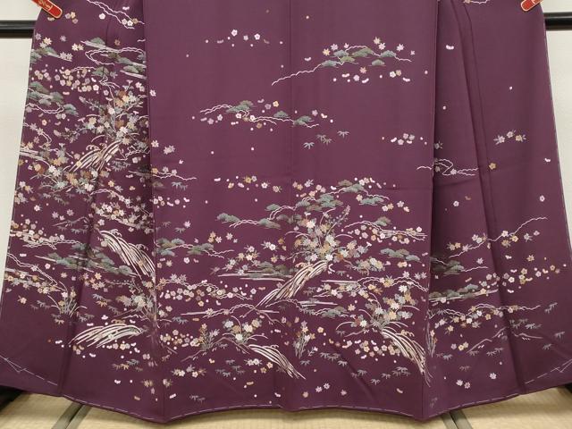 平和屋着物●極上　訪問着　総刺繍　雲取り立波枝花文　似せ紫色地　逸品　未使用　CYAA4950s6