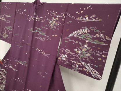 平和屋着物●極上　訪問着　総刺繍　雲取り立波枝花文　似せ紫色地　逸品　未使用　CYAA4950s6