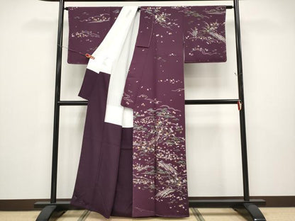 平和屋着物●極上　訪問着　総刺繍　雲取り立波枝花文　似せ紫色地　逸品　未使用　CYAA4950s6