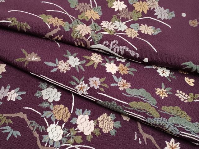 平和屋着物●極上　訪問着　総刺繍　雲取り立波枝花文　似せ紫色地　逸品　未使用　CYAA4950s6