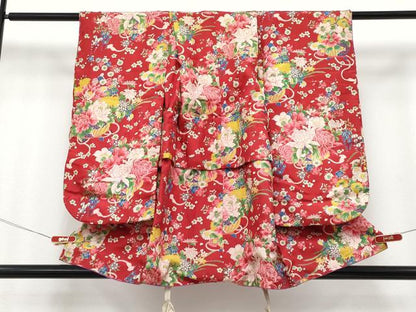 平和屋本店[]極上　アンティーク　大正ロマン　七五三　女の子　3歳　祝着　花籠文　茜色地　逸品　CYAA4981s6