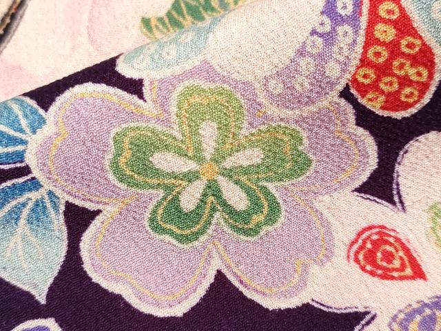 平和屋本店[]極上　アンティーク　大正ロマン　七五三　女の子　3歳　祝着　吉祥花船文　鬼しぼ縮緬　深紫色地　逸品　CYAA4982s6