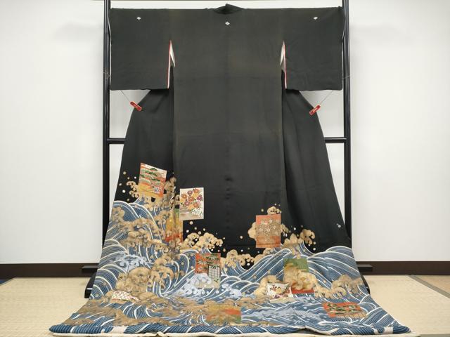 平和屋本店●極上　アンティーク　大正ロマン　お引きずり・お引き摺り　黒留袖　立波色紙枝花文　金銀彩　逸品　CYAA4991s6