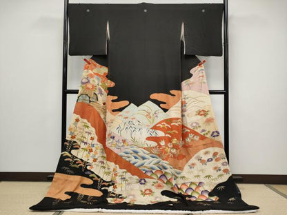平和屋本店●極上　アンティーク　大正ロマン　お引きずり・お引き摺り　黒留袖　駒刺繍　霞枝花文　金彩　逸品　CYAA4993s6