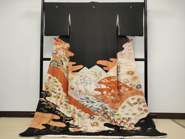 平和屋本店●極上　アンティーク　大正ロマン　お引きずり・お引き摺り　黒留袖　駒刺繍　霞枝花文　金彩　逸品　CYAA4993s6