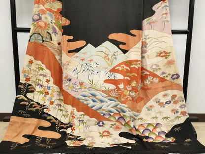 平和屋本店●極上　アンティーク　大正ロマン　お引きずり・お引き摺り　黒留袖　駒刺繍　霞枝花文　金彩　逸品　CYAA4993s6