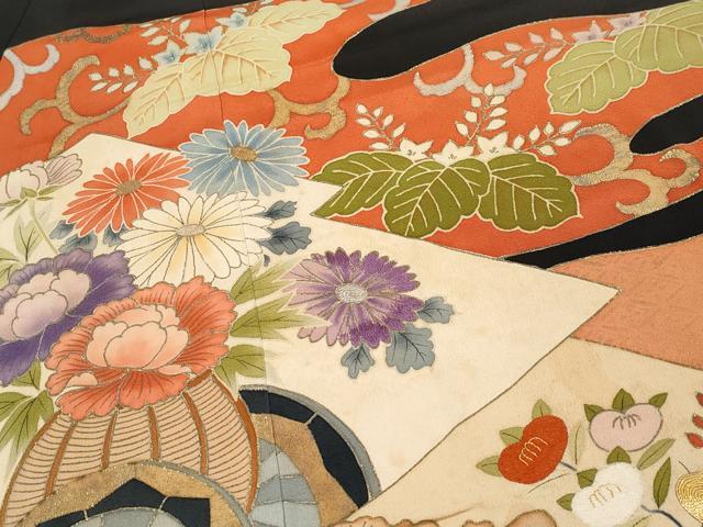 平和屋本店●極上　アンティーク　大正ロマン　お引きずり・お引き摺り　黒留袖　駒刺繍　霞枝花文　金彩　逸品　CYAA4993s6