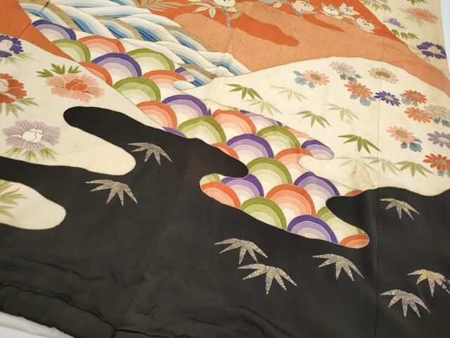 平和屋本店●極上　アンティーク　大正ロマン　お引きずり・お引き摺り　黒留袖　駒刺繍　霞枝花文　金彩　逸品　CYAA4993s6