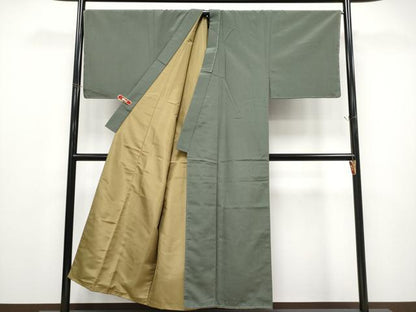 平和屋本店●極上　男性　紬・羽織・長襦袢セット　網代織　着物：藍海松茶色　羽織：黒地　反端付き　逸品　未使用　CYAA4998s6