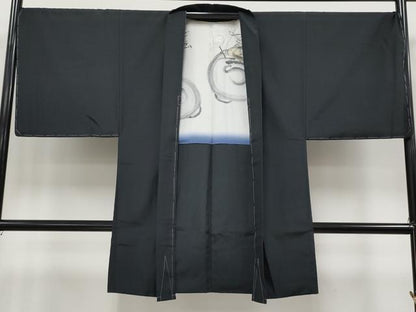 平和屋本店●極上　男性　紬・羽織・長襦袢セット　網代織　着物：藍海松茶色　羽織：黒地　反端付き　逸品　未使用　CYAA4998s6