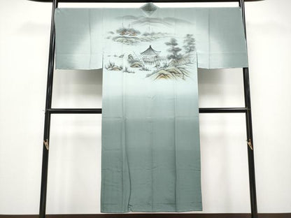 平和屋本店●極上　男性　紬・羽織・長襦袢セット　網代織　着物：藍海松茶色　羽織：黒地　反端付き　逸品　未使用　CYAA4998s6