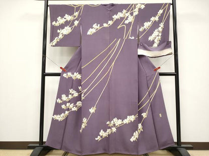 平和屋本店●極上　本加賀友禅作家　由水煌人　訪問着　枝花文　滅紫色地　反端付き　逸品　CYAA5038s6