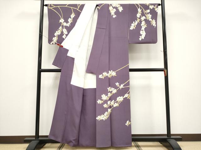 平和屋本店●極上　本加賀友禅作家　由水煌人　訪問着　枝花文　滅紫色地　反端付き　逸品　CYAA5038s6