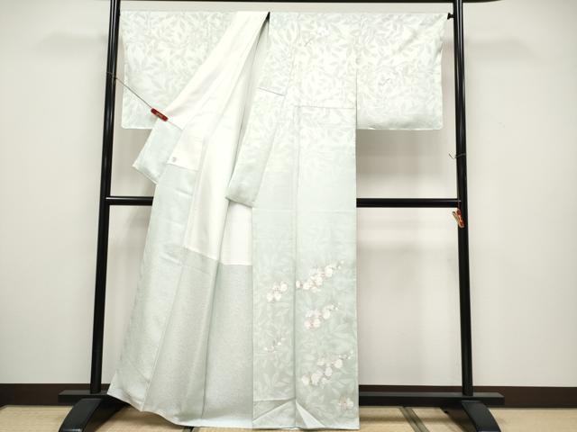 平和屋本店●極上　訪問着　総刺繍　胡蝶蘭　金糸　白緑色地　逸品　未使用　CYAA5052s6
