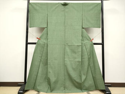 平和屋着物▽極上　結城紬　奥順　はたおり娘　単衣　色無地　麹塵色地　証紙付き　逸品　CYAA5063s6
