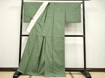 平和屋着物▽極上　結城紬　奥順　はたおり娘　単衣　色無地　麹塵色地　証紙付き　逸品　CYAA5063s6