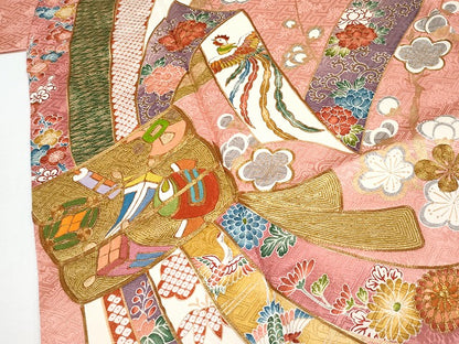 平和屋本店●極上　創業460年・千總　振袖　駒刺繍　束ね熨斗花鳥文　金彩　真赭色地　逸品　CYAA5077s6