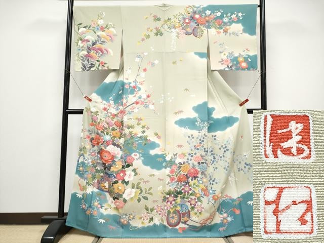 平和屋本店●極上　京加賀友禅　松本健一　訪問着　花車文　暈し染め　若芽色地　逸品　CYAA5080s6