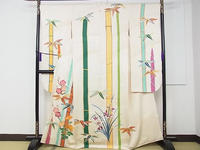 平和屋本店●希少　振袖　染刺工芸　大羊居　東京友禅　駒刺繍　笹竹枝梅草花文　金彩　逸品　CZAA0194s4