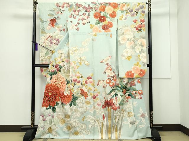 平和屋本店■極上　アンティーク　振袖　駒刺繍　草花文　金彩　逸品　CZAA1132s5