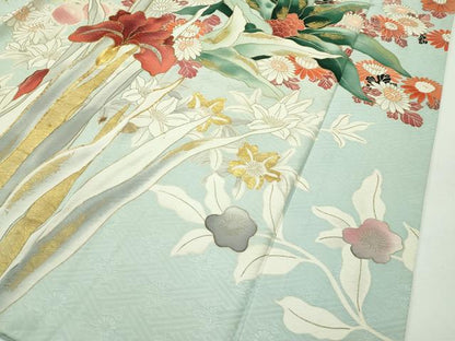 平和屋本店■極上　アンティーク　振袖　駒刺繍　草花文　金彩　逸品　CZAA1132s5